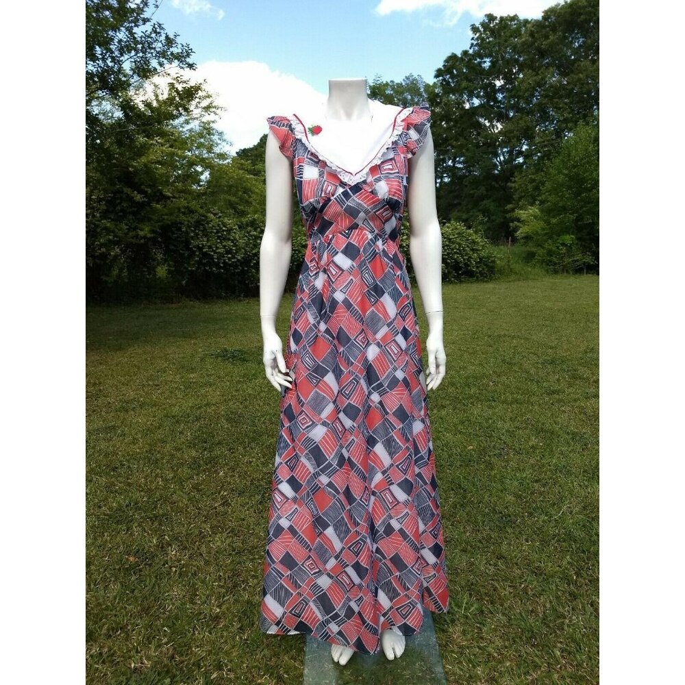 Vintage 70s Maxi Dress Handmade Geometric Strawberry Eyelet Lace Retro Chic